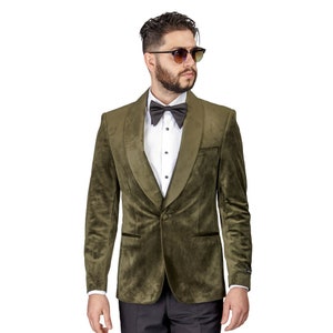 Tuxedo Jacket Mens Slim Fit Olive Green Velvet Dinner Blazer Shawl Lapel Collar 1 Button AZAR
