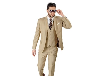 Slim Fit Men's 2 Button Soild Beige Tan Suit Notch Lapel Flat Front Pants Fitted Vest Optional AZARMAN