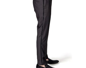 Slim Fit Black Mens Dress Tuxedo Pants Velvet Line Flat Front Fitted AZARMAN