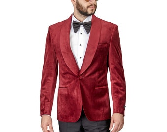 Tuxedo Jacket Mens Slim Fit Burgundy Velvet Dinner Blazer Shawl Lapel Collar 1 Button AZAR