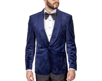 Tuxedo Jacket Mens Slim Fit Navy Blue Velvet Dinner Blazer Shawl Lapel Collar 1 Button AZAR