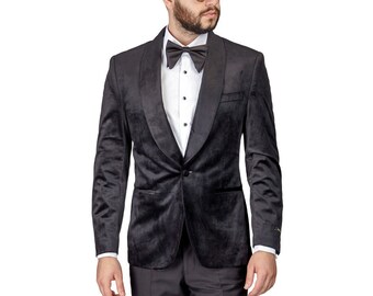 Tuxedo Jacket Mens Slim Fit Black Velvet Dinner Blazer Shawl Lapel Collar 1 Button AZAR