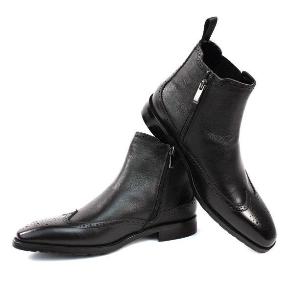 Men's Exclusive Genuine Leather Black Wing Tip Chelsea Boots Almond Toe With Zipper AZAR MAN