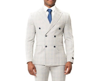 Slim Fit Double Breasted Chalk Grey 2 Button Peak Lapel Plaid Men's Suit 2311  - AZARMAN