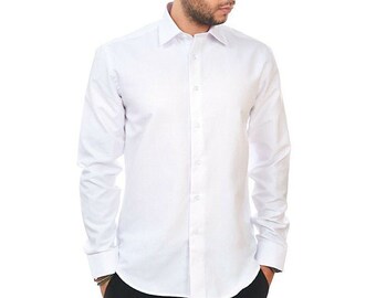 Slim Fit Solid White Convertible Cuff Spread Collar Mens Dress Shirt Fitted ÃZARMAN