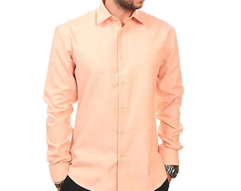 Slim Fit Solid Peach Orange Convertible Cuff Spread Collar Mens Dress Shirt Fitted ÃZARMAN