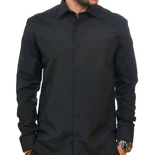 Slim Fit Solid Black Convertible Cuff Spread Collar Mens Dress | Etsy