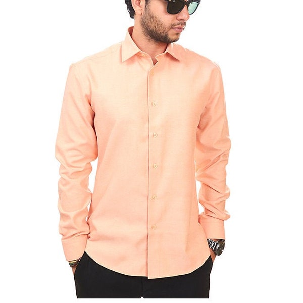 Slim Fit Solid Peach Orange Convertible Cuff Spread Collar Mens Dress Shirt Fitted ÃZARMAN