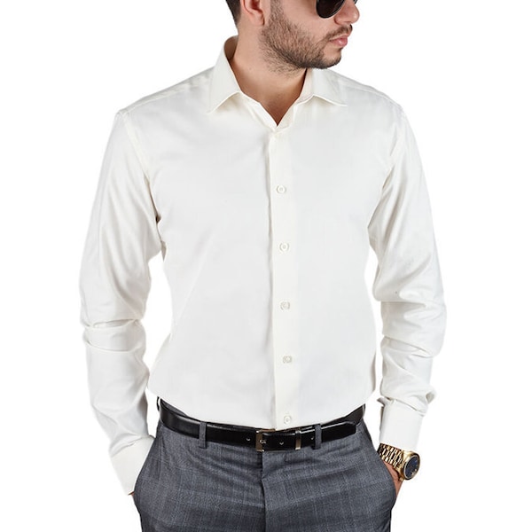 Slim Fit Solid Ivory Convertible Cuff Spread Collar Mens Dress Shirt Fitted ÃZARMAN