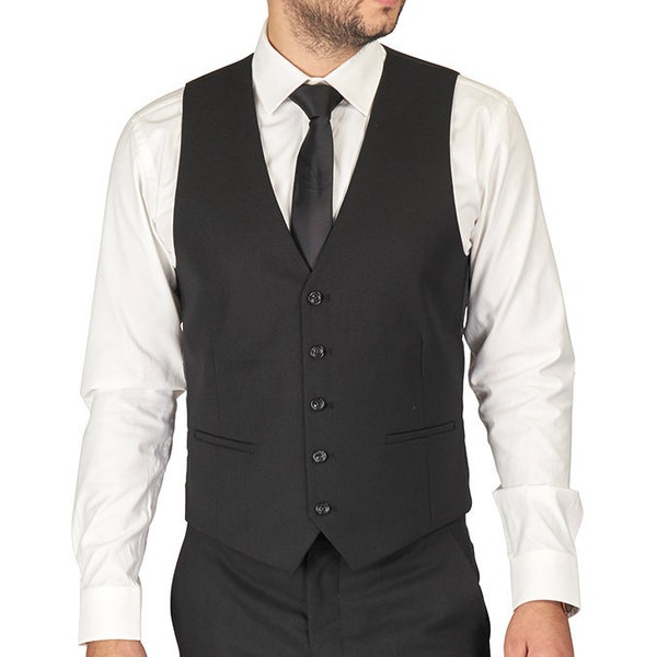 Black Micro Textured Mens Dress Suit Vest 5 Button V Neck Adjustable Back AZAR