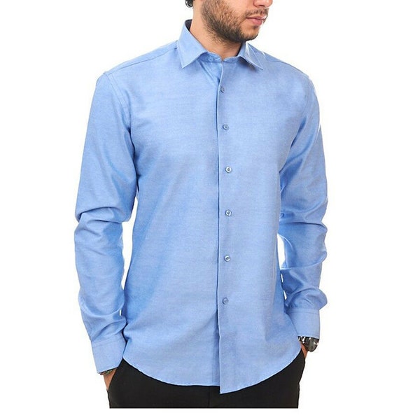 Slim Fit Solid Blue Convertible Cuff Spread Collar Mens Dress Shirt Ajusté ÃZARMAN