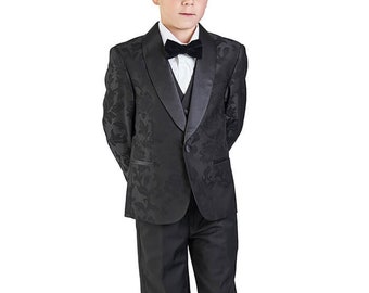 Tailored Fit Boys Black Floral 1 Button Shawl Lapel Suit Tuxedo 5 Piece Set Vested Jacket Pants Bow Formal Kids Dress Wedding AZARMAN 4030