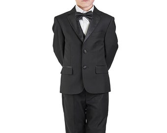 Tailored Fit Boys Black Suit Tuxedo 5 Piece Set Vested Shirt Tie Jacket Pants Formal Kids Dress Wedding AZARMAN 4030