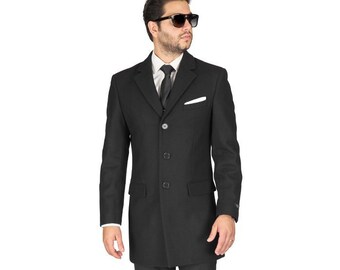 Slim Fit Solid Black Wool Overcoat 3 Button Closure Classic Notched Lapel Top Trench Long Walker Coat Single Breast AZAR MAN