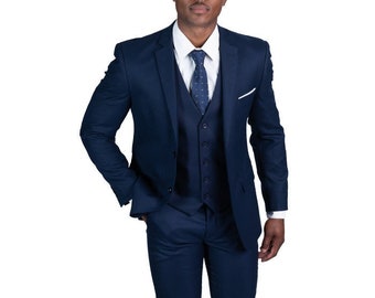 Slim Fit 2 Button Navy Blue Micro Texture Weave 3 Piece Vested Notch Lapel Mens Suit Flat Front Pants Fitted AZAR MAN