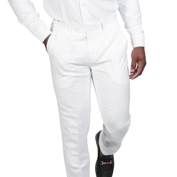 Slim Fit White Linen Dress Pants Flat Front By AZAR MAN