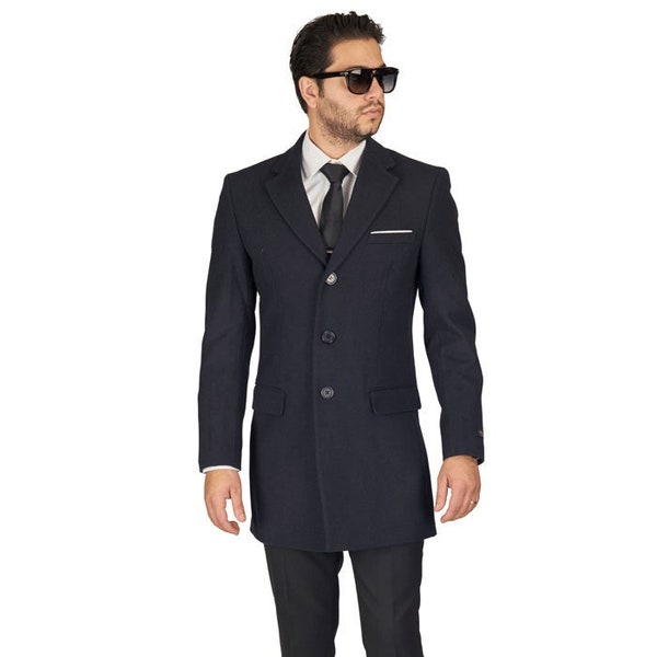 Slim Fit Navy Wool Top Overcoat Single Breast Notch Lapel  - AZAR MAN