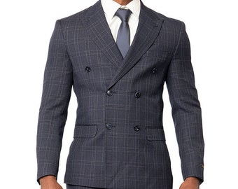 Slim Fit Double Breasted Plaid Eggplant Dinner Blazer 2 Button Peak Lapel 2311  - AZARMAN