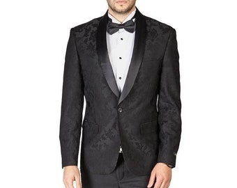 Slim Fit 1 Button Black Tuxedo Shawl Lapel Floral Jacket Dinner Blazer Coat 1714 AZARMAN