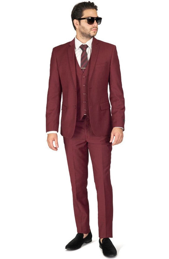 Burgundy Slim Fit Suit Tuxedo 2 Button Notch lapel Vest Optional Fitted AZAR 