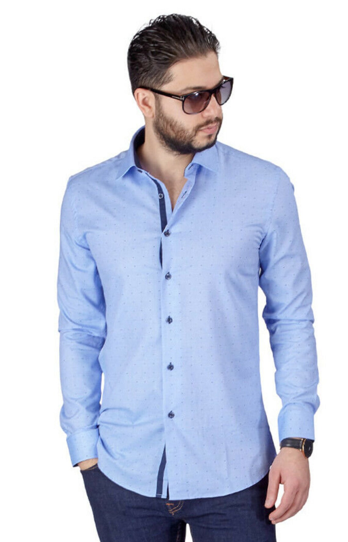 Slim Fit Blue Men's Dress Shirt Bow Tie Print Contrast Etsy