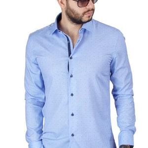 Slim Fit Blue Men's Dress Shirt Bow Tie Print Contrast Trim Details ...