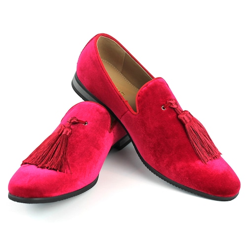Velvet Slip on Bright Red Tuxedo Loafers Handmade Tassel Etsy