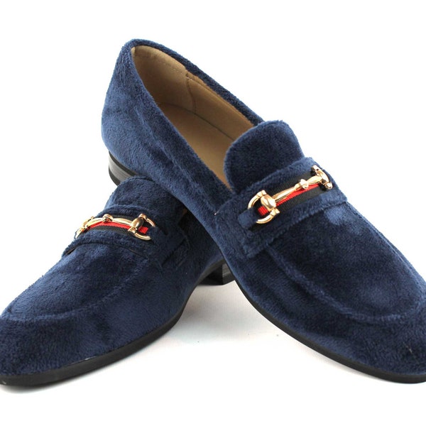 Men's Navy Blue Velvet Slip On Gold Buckle Dress Shoes Loafers Formal By AZAR