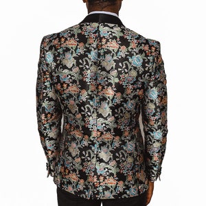 Slim Fit 1 Button Multi Colored Floral Stitch Black Tuxedo Shawl Lapel Jacket Dinner Blazer AZARMAN image 5