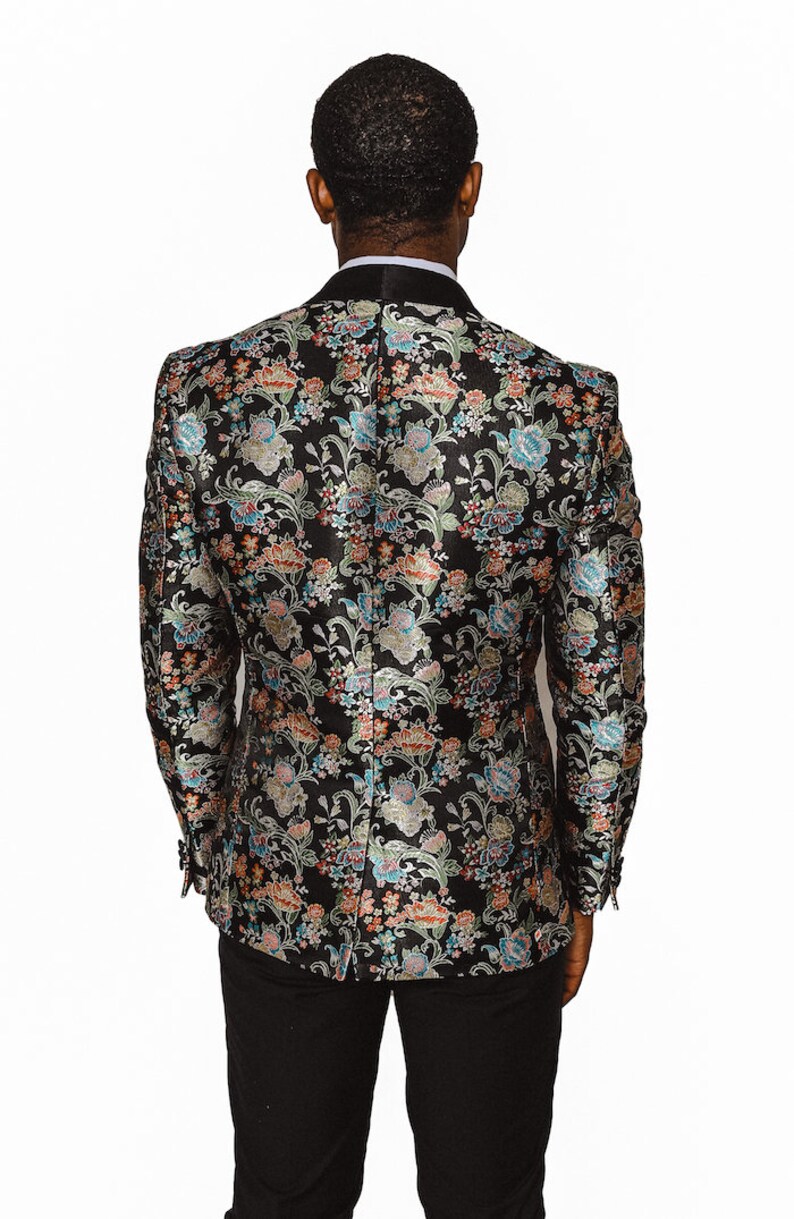 Slim Fit 1 Button Multi Colored Floral Stitch Black Tuxedo Shawl Lapel Jacket Dinner Blazer AZARMAN image 5
