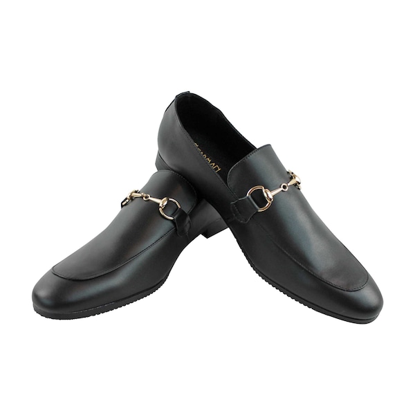 Genuine Real Leather Men's Black Slip On Dress Shoes With Gold Buckle AZAR MAN