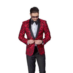 Slim Fit 1 Button Red Tuxedo Shawl Lapel Floral Jacket Dinner Blazer ...