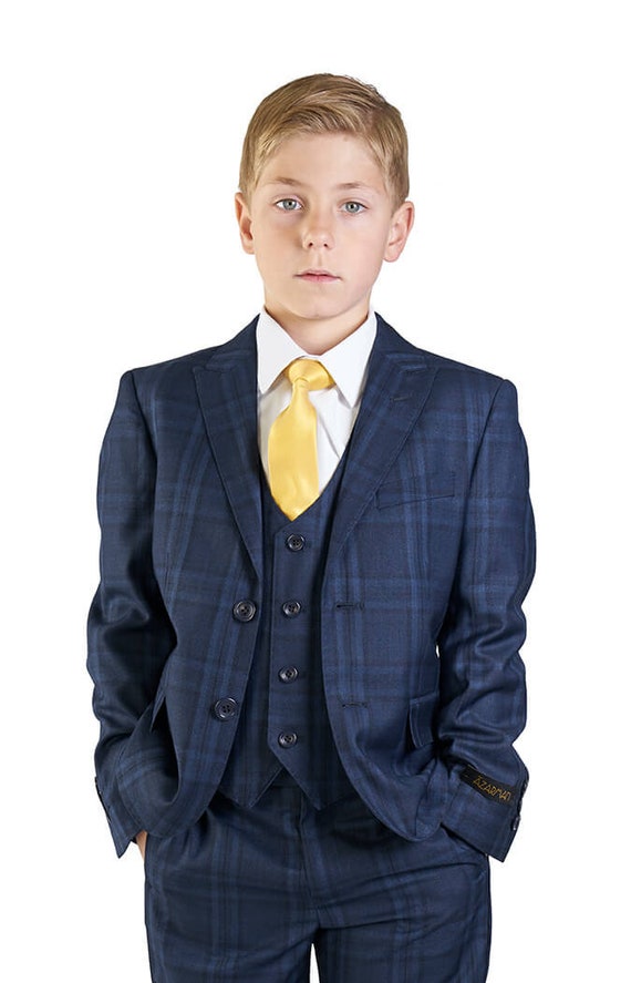 Tailored Fit Boys Suit Tuxedo Navy Blue Windowpane Plaid 5 Piece