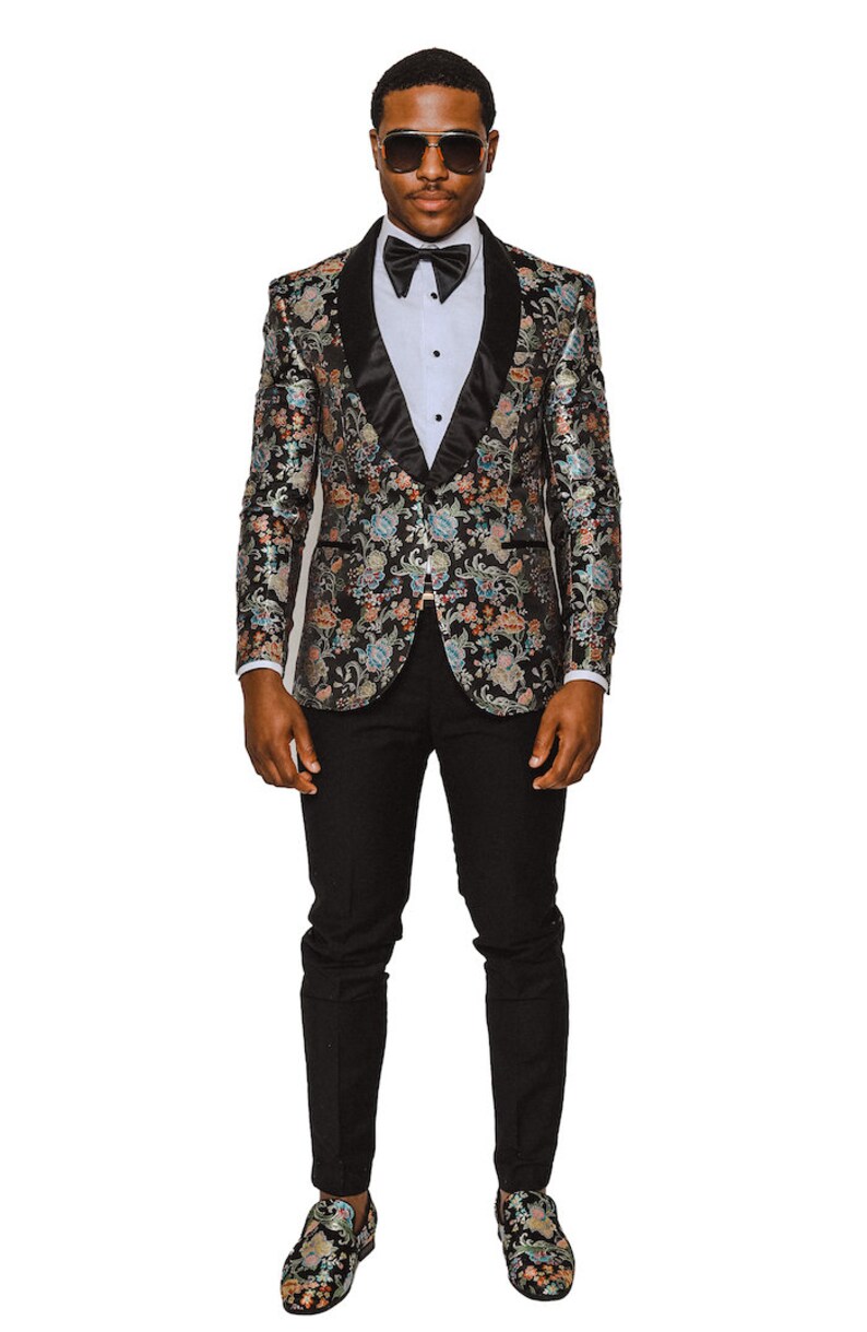 Slim Fit 1 Button Multi Colored Floral Stitch Black Tuxedo Shawl Lapel Jacket Dinner Blazer AZARMAN image 3