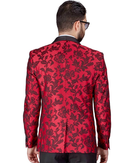 Slim Fit 1 Button Red Tuxedo Shawl Lapel Floral Jacket Dinner