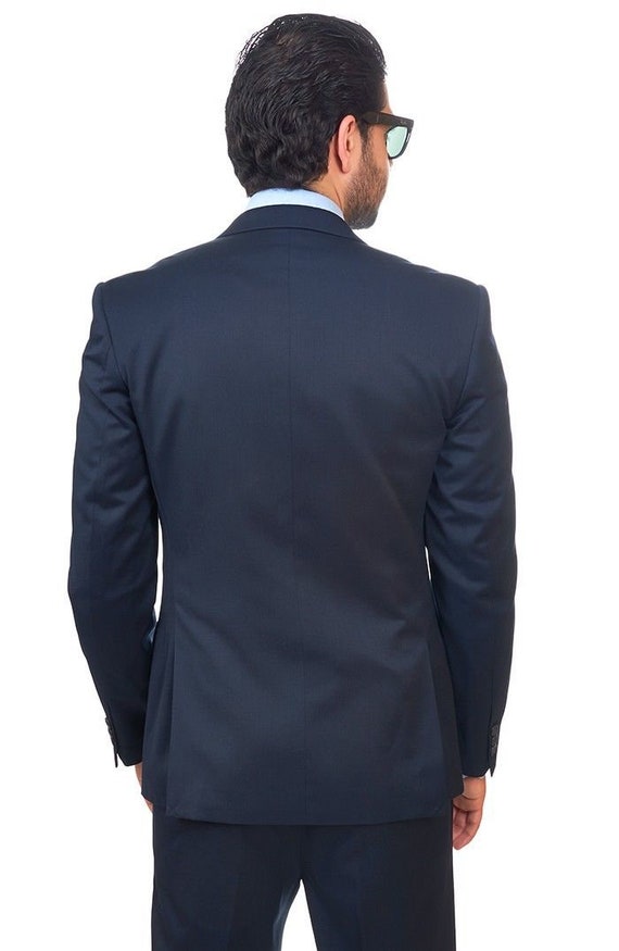 Slim Fit Men's 2 Button Solid Navy Blue Suit Notch Lapel Flat Front Pants  Fitted AZARMAN 
