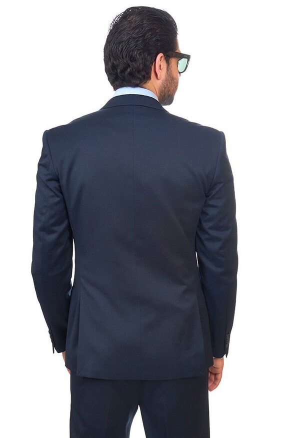 Slim Fit Men s 2 Button Solid Navy Blue Suit Notch Lapel Flat