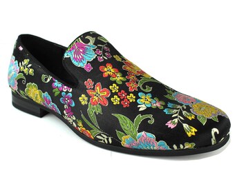Men s Slip on Multi Color Floral Print Stitching Dress Shoes