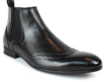 Black Leather Men's Ankle Dress Boots Side Zipper Almond | Etsy