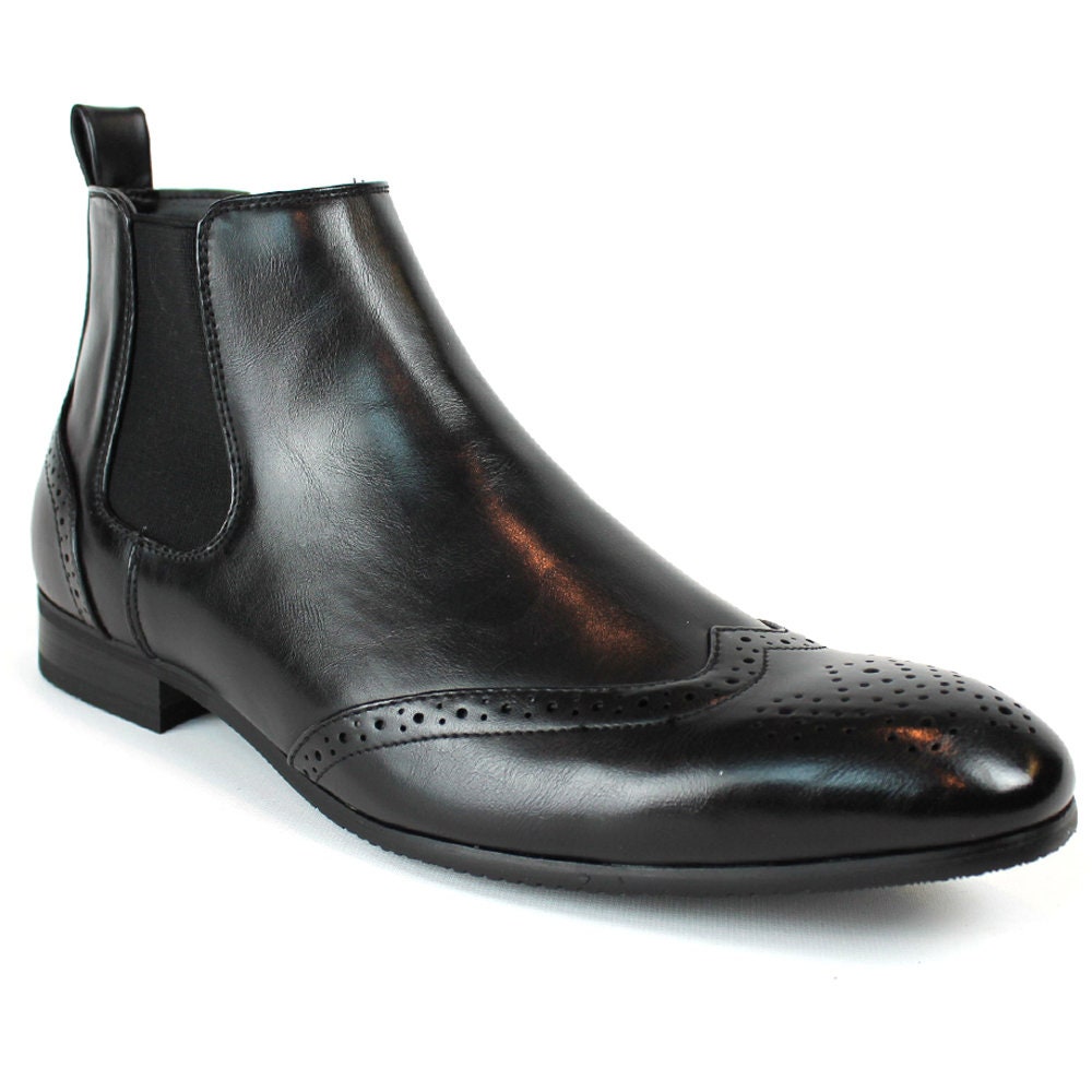 Black Wing Tip Men's Ankle Dress Boots Side Zipper Almond | Etsy