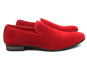 Men's Red Velvet Dress Shoes Slip On Loafers With Gold Buckle Formal AZAR  MAN 