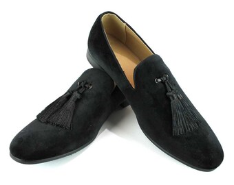 Velvet Slip On Black Tuxedo Loafers Handmade Tassel Modern Formal Mens Dress Shoes By AZAR