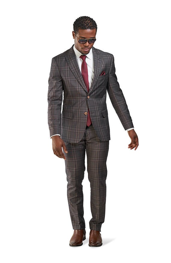 Slim Fit 2 Button Bronze Brown Windowpane Mens Suit 3 Piece Vested 35071 AZARMAN Slim Fit 2 Button Bronze Brown Windowpane Mens Suit 3 Piece Vested 35071 AZARMAN