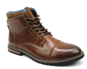 Mens Boot Brown Ankle Cap Toe Derby Modern Lace Up Round Toe By AZAR MAN