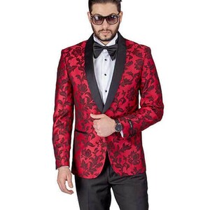 Slim Fit 1 Button Red Tuxedo Shawl Lapel Floral Jacket Dinner Blazer ...