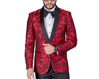 Slim Fit 1 Button Red Tuxedo Shawl Lapel Floral Jacket Dinner Blazer Coat 1714 AZARMAN