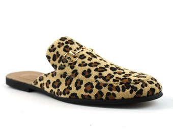 Mens Tan Leopard Backless Slip On Mule Animal Print Fabric Gold Buckle Loafers Shoes AZAR