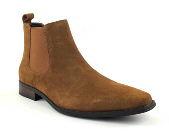 Genuine Suede Cognac Men's Dress Chelsea Boots Almond Toe Leather Lining AZAR MAN