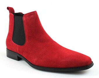 Genuine Suede Red Men's Dress Chelsea Boots Almond Toe Leather Lining AZAR MAN