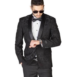 Men One Button Floral All Black Tuxedo with Shawl Lapel – 3 Piece main image 1